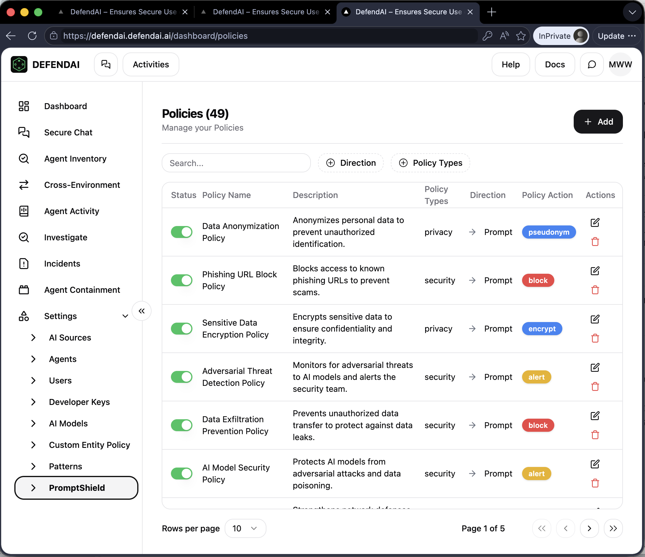 Policy enforcement dashboard showing 49 active policies across block, alert, encrypt, and pseudonym actions